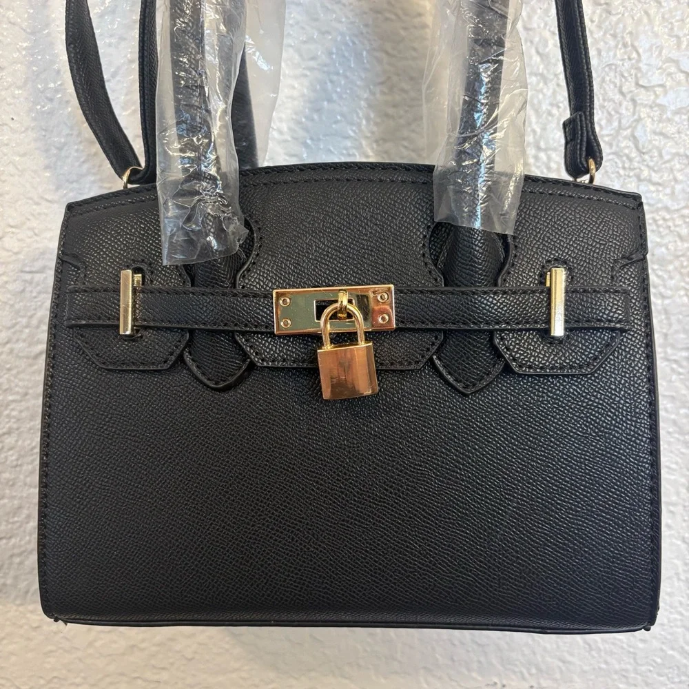 Black Structured Top Handle Satchel Handbag Women Faux Leather Gold Lock